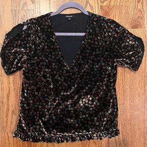 Madewell Velvet Tulip-Sleeve Ruffle Top in Petite Blooms Sz XS